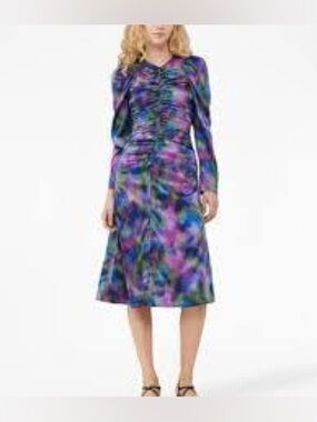 Ganni Organic Silk Ruched Tie-Dye Puff Sleeve V-Neck Midi Dress Size 4